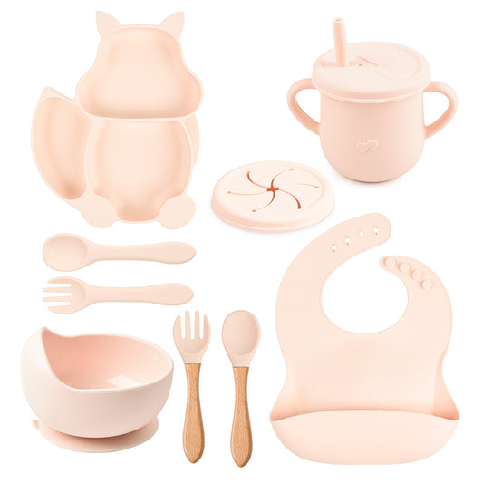 9-piece children's squirrel-shaped silicone tableware set, baby silicone food supplement set, children's silicone dinner plate
