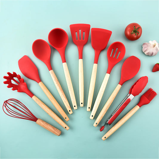 Beech handle silicone kitchenware 12-piece set plus storage bucket Yangjiang kitchen tool set cooking spatula ready for sale