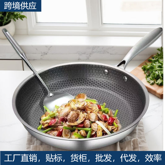 Stainless steel uncoated honeycomb frying pan, non-stick pan, thickened steak pan, source manufacturer.
