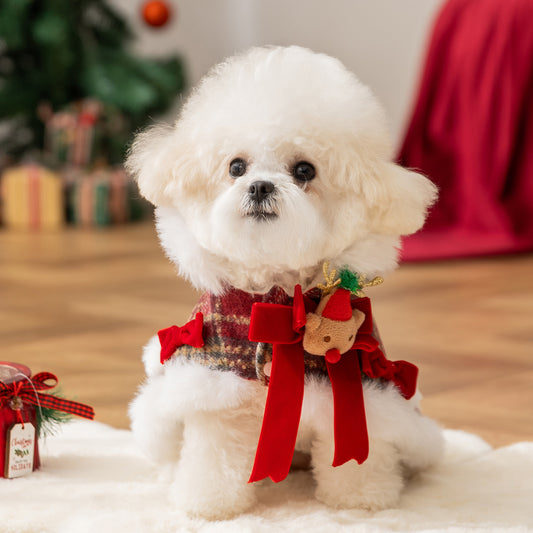 Autumn/Winter Dog Clothes: Plaid Christmas Leash, Cape, Hooded Fleece Sweater, Warm Pet Clothing for Bichon Frises and Teddy Bears