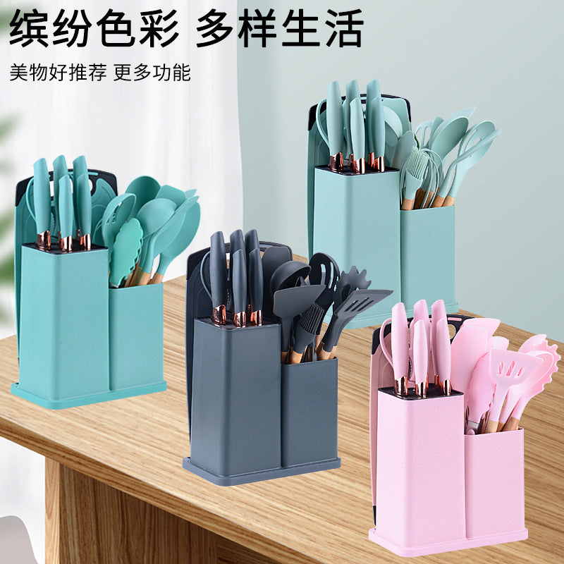 Wooden handle silicone kitchen utensils set 19-piece knife set combination storage bucket kitchen knife cooking tools non-stick