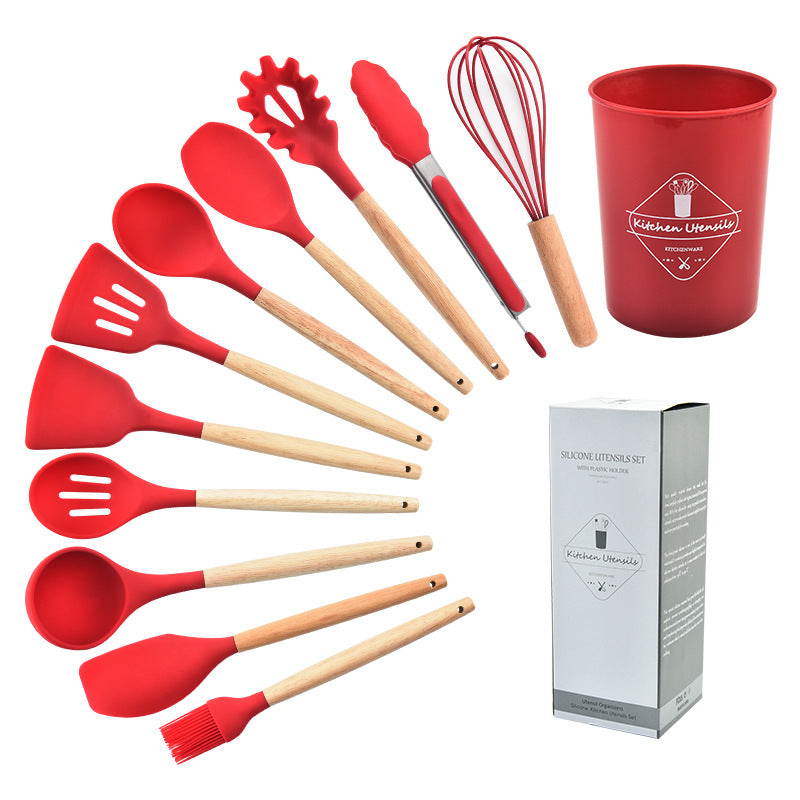 Beech handle silicone kitchenware 12-piece set plus storage bucket Yangjiang kitchen tool set cooking spatula ready for sale