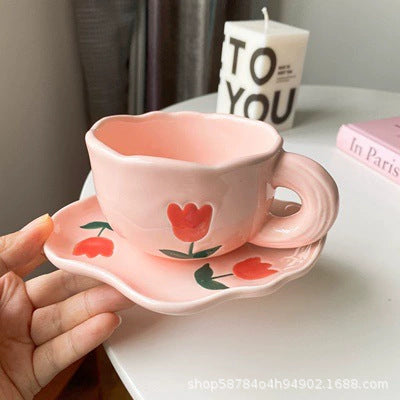Creative hand-kneaded high temperature resistant ceramic cup ins Korean style small fresh mug breakfast cup milk cup coffee cup saucer