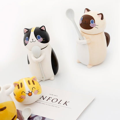 Couple mugs, Japanese cartoon cute cat water cups, ceramic cups for breakfast, milk, coffee, Instagram style, mugs with lids.