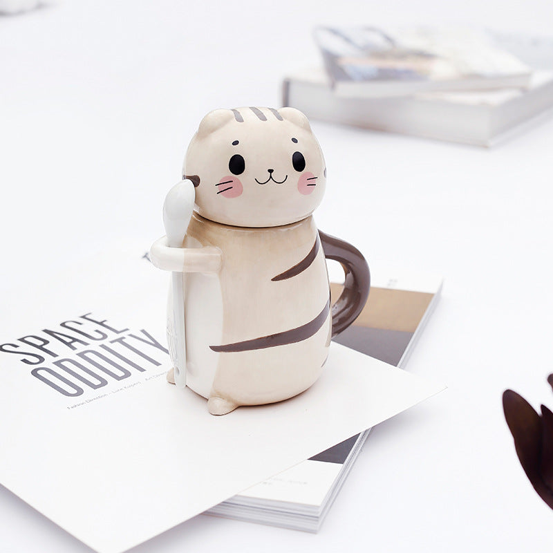 Couple mugs, Japanese cartoon cute cat water cups, ceramic cups for breakfast, milk, coffee, Instagram style, mugs with lids.