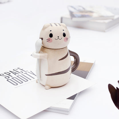 Couple mugs, Japanese cartoon cute cat water cups, ceramic cups for breakfast, milk, coffee, Instagram style, mugs with lids.