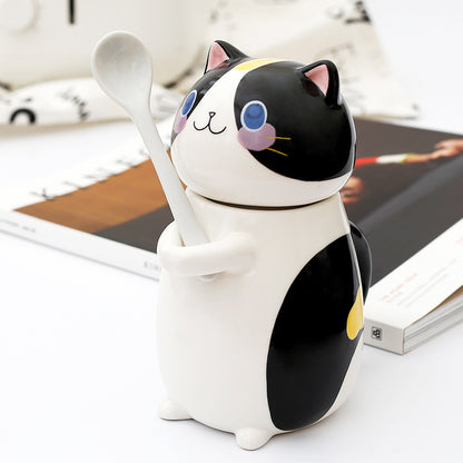 Couple mugs, Japanese cartoon cute cat water cups, ceramic cups for breakfast, milk, coffee, Instagram style, mugs with lids.