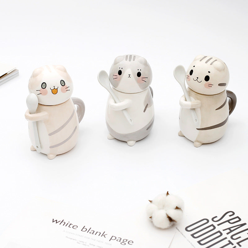 Couple mugs, Japanese cartoon cute cat water cups, ceramic cups for breakfast, milk, coffee, Instagram style, mugs with lids.