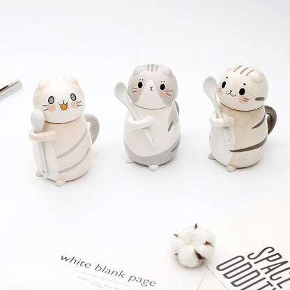 Couple mugs, Japanese cartoon cute cat water cups, ceramic cups for breakfast, milk, coffee, Instagram style, mugs with lids.