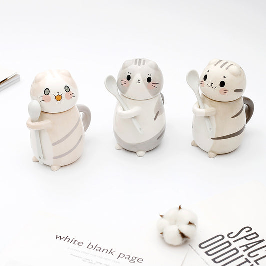 Couple mugs, Japanese cartoon cute cat water cups, ceramic cups for breakfast, milk, coffee, Instagram style, mugs with lids.