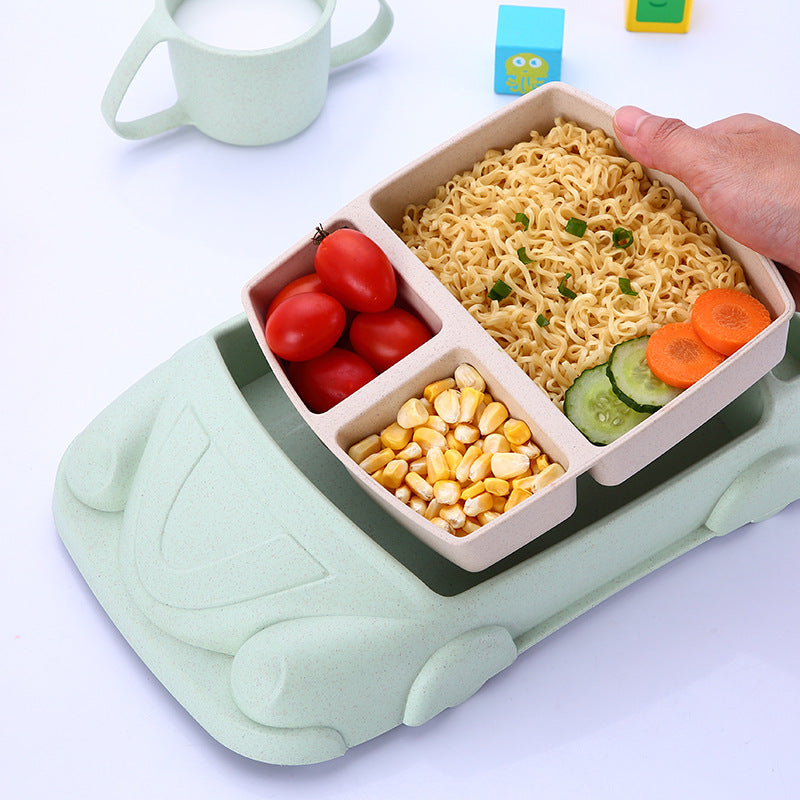 Wheat cartoon car children's tableware five-piece set creative cartoon toddler student separated dinner plate chopsticks fork spoon cup