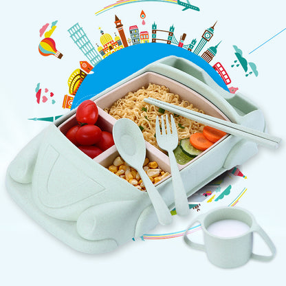 Wheat cartoon car children's tableware five-piece set creative cartoon toddler student separated dinner plate chopsticks fork spoon cup