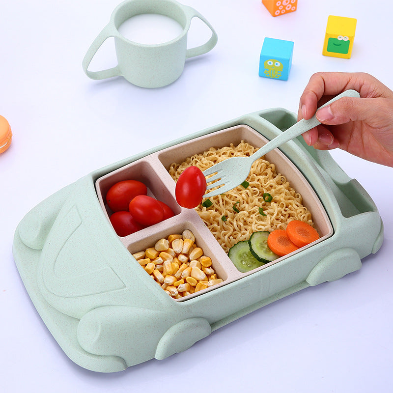 Wheat cartoon car children's tableware five-piece set creative cartoon toddler student separated dinner plate chopsticks fork spoon cup