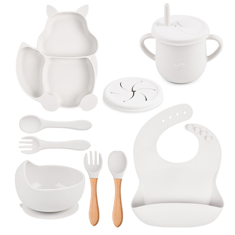 9-piece children's squirrel-shaped silicone tableware set, baby silicone food supplement set, children's silicone dinner plate