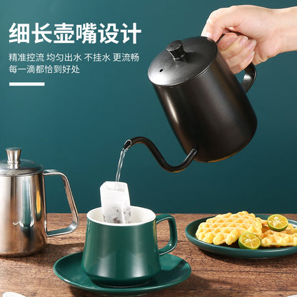 304 stainless steel fine mouth hand brewing pot 600ML with cover thickened mini long mouth fine mouth drip coffee hanging ear pot