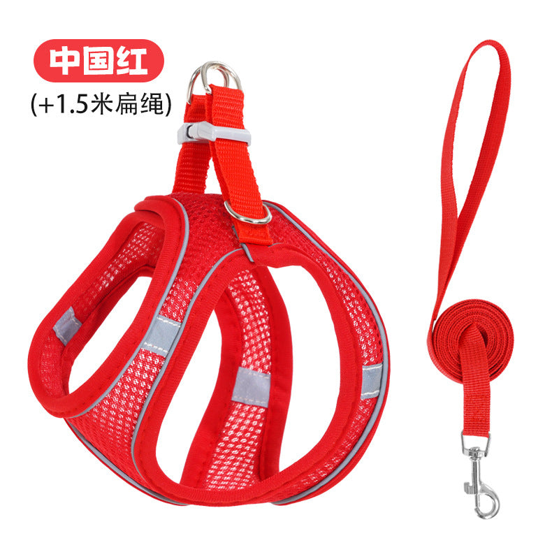 New vest-style pet leash nylon mesh dog harness set, reflective for dogs, available for wholesale.