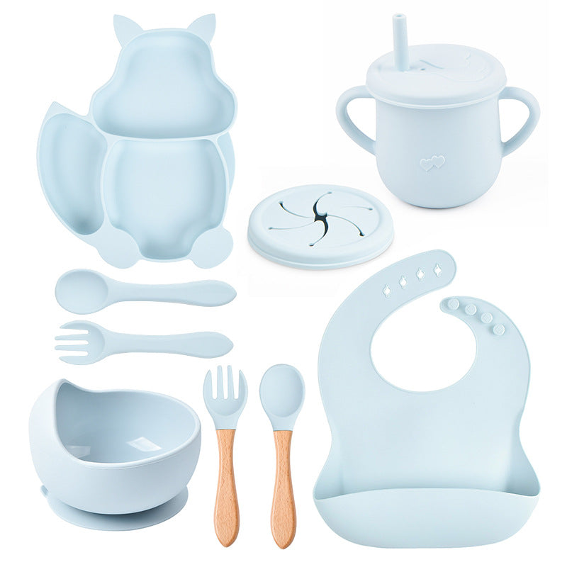 9-piece children's squirrel-shaped silicone tableware set, baby silicone food supplement set, children's silicone dinner plate