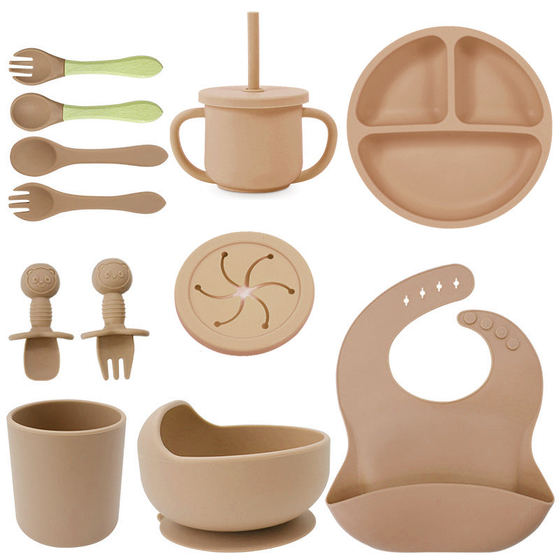 Baby silicone tableware set infant food bowl spoon saliva pocket children's 3-grid silicone dinner plate straw cup