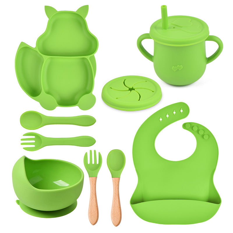 9-piece children's squirrel-shaped silicone tableware set, baby silicone food supplement set, children's silicone dinner plate