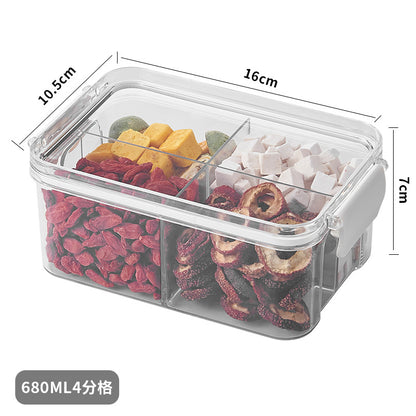 Square flower tea packaging box, 460ml, four-compartment plastic airtight container, food-grade storage box.