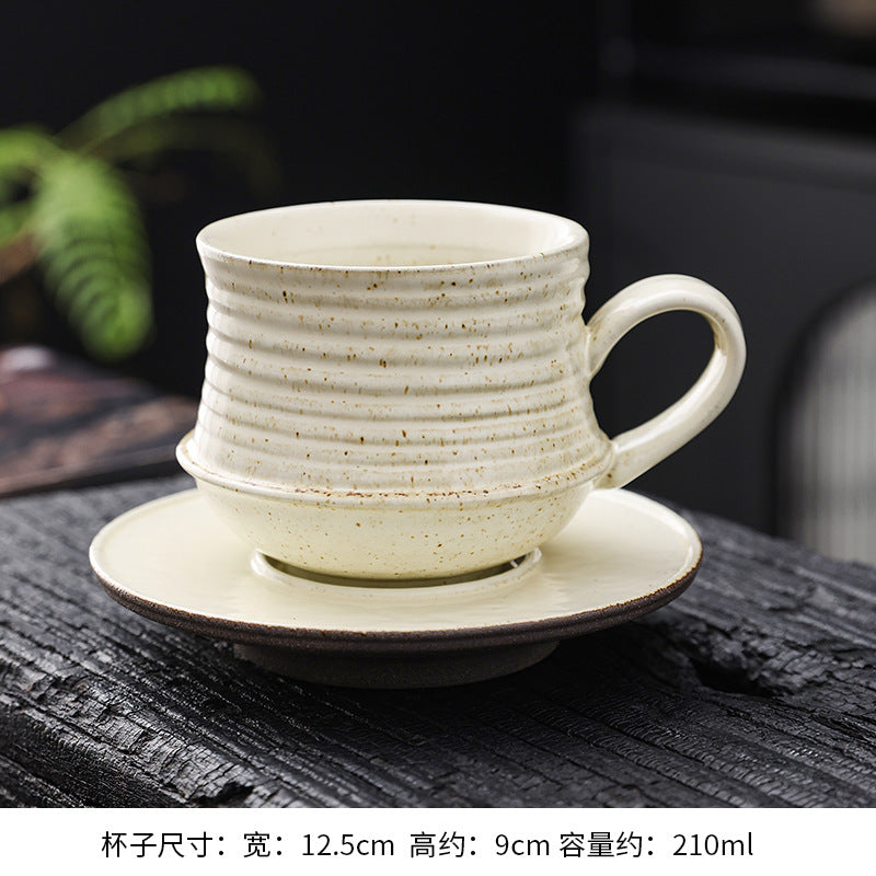 Cross-border retro coarse ceramic coffee cup and saucer set, American style personalized hand-pulled flower mug, household tea cup wholesale.