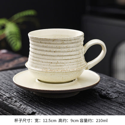 Cross-border retro coarse ceramic coffee cup and saucer set, American style personalized hand-pulled flower mug, household tea cup wholesale.