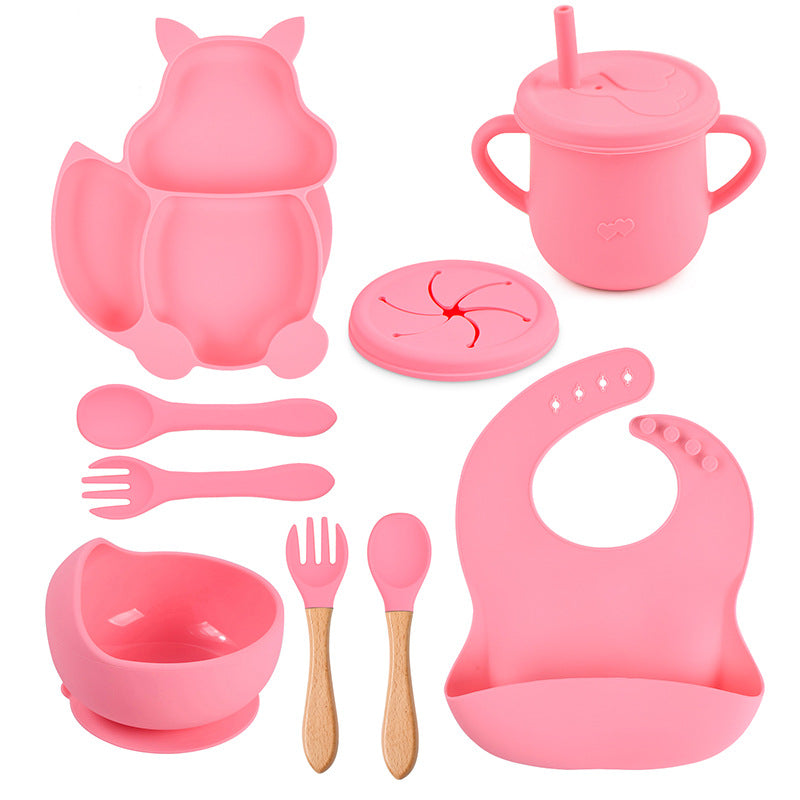 9-piece children's squirrel-shaped silicone tableware set, baby silicone food supplement set, children's silicone dinner plate