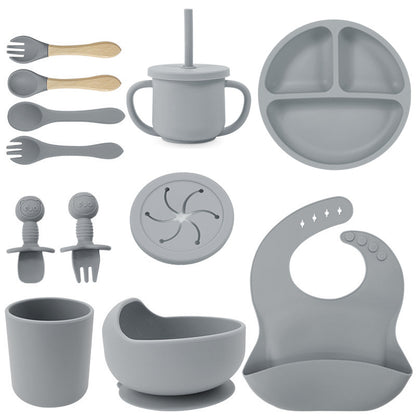Baby silicone tableware set infant food bowl spoon saliva pocket children's 3-grid silicone dinner plate straw cup