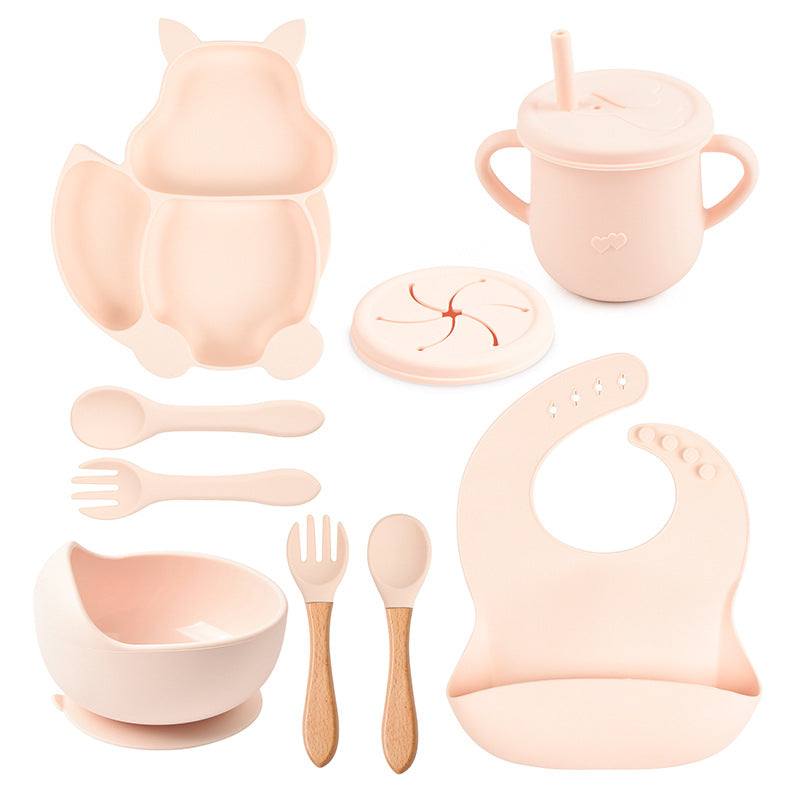 9-piece children's squirrel-shaped silicone tableware set, baby silicone food supplement set, children's silicone dinner plate