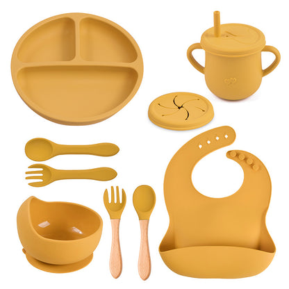 Baby food tray with compartments, baby suction cup, food-grade silicone bowl, tableware set, children's complementary food silicone tray