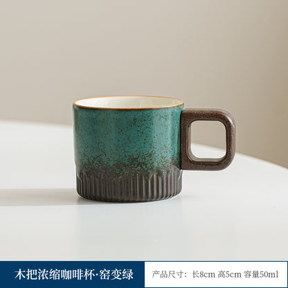 Wooden-handled coffee mug/tea tasting cup, gradient glaze exquisite ceramic small cup gift set wholesale.