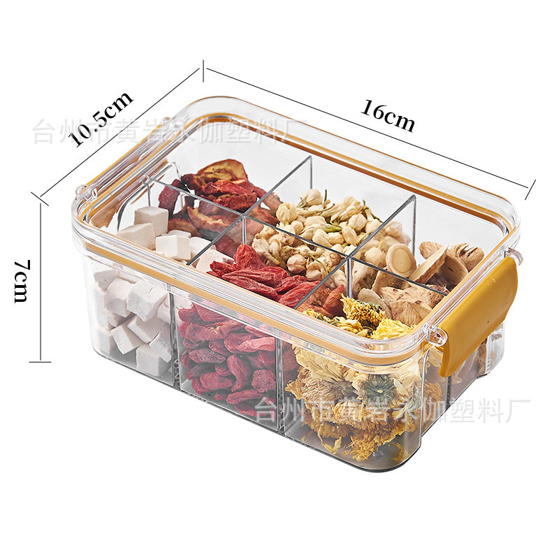 Square flower tea packaging box, 460ml, four-compartment plastic airtight container, food-grade storage box.