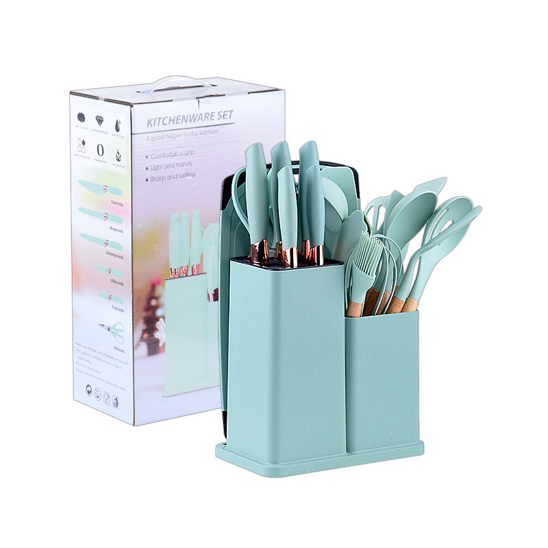 Wooden handle silicone kitchen utensils set 19-piece knife set combination storage bucket kitchen knife cooking tools non-stick