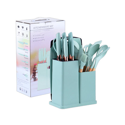 Wooden handle silicone kitchen utensils set 19-piece knife set combination storage bucket kitchen knife cooking tools non-stick