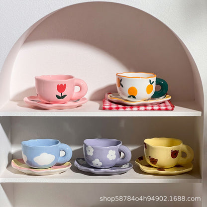 Creative hand-kneaded high temperature resistant ceramic cup ins Korean style small fresh mug breakfast cup milk cup coffee cup saucer