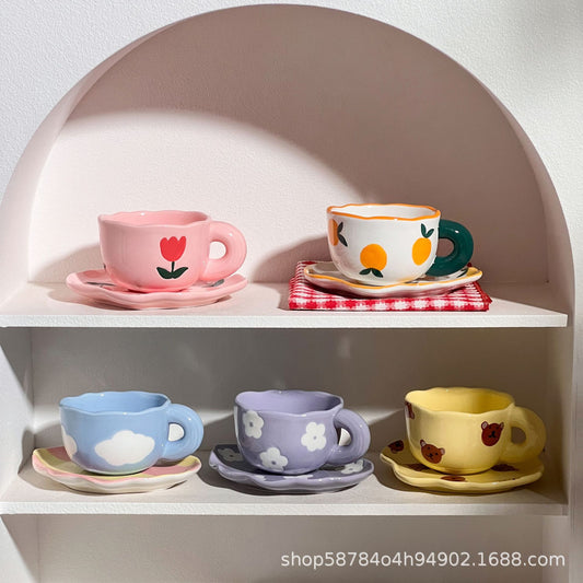 Creative hand-kneaded high temperature resistant ceramic cup ins Korean style small fresh mug breakfast cup milk cup coffee cup saucer
