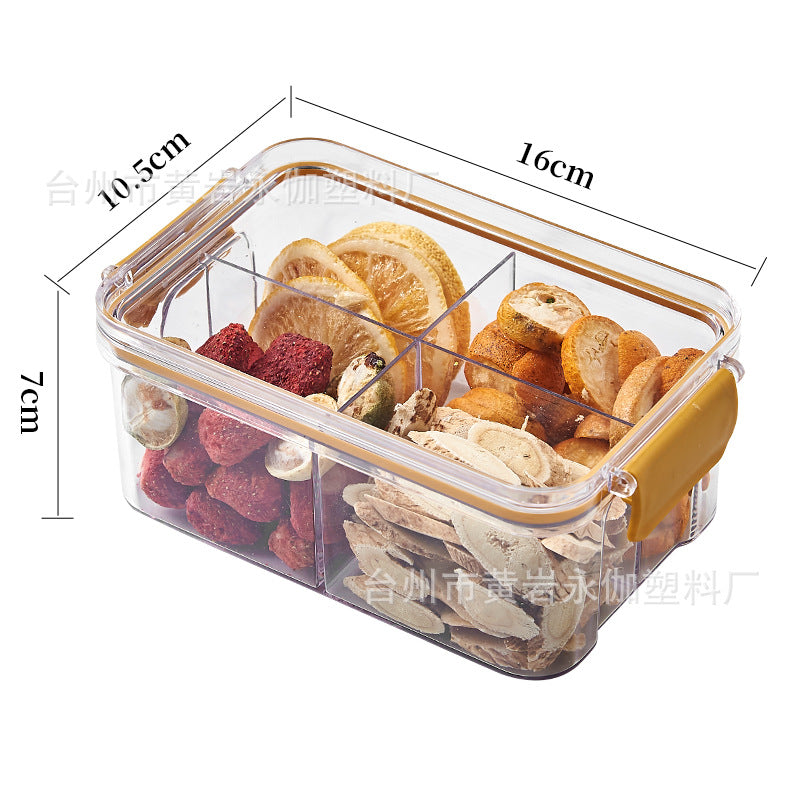 Square flower tea packaging box, 460ml, four-compartment plastic airtight container, food-grade storage box.