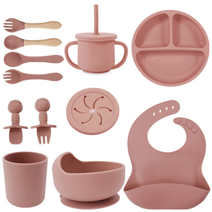 Baby silicone tableware set infant food bowl spoon saliva pocket children's 3-grid silicone dinner plate straw cup