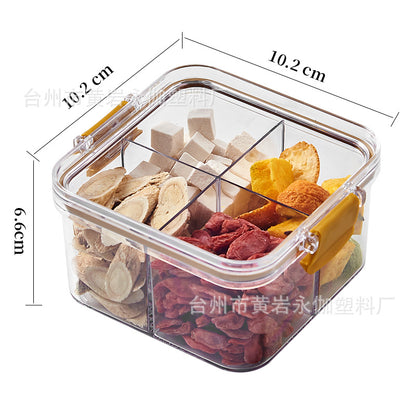 Square flower tea packaging box, 460ml, four-compartment plastic airtight container, food-grade storage box.