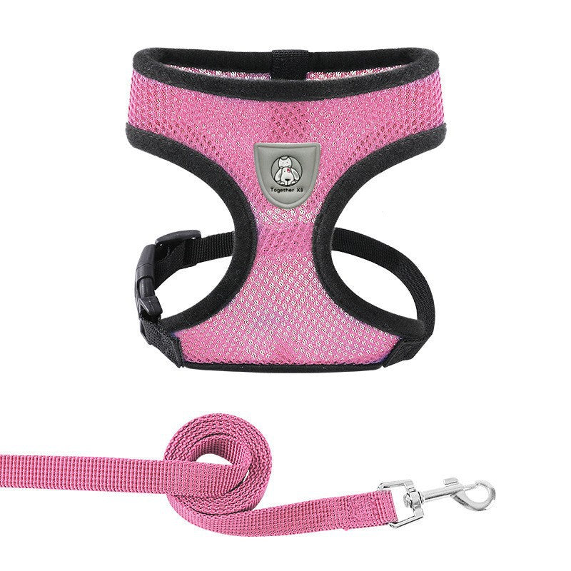 New vest-style pet leash nylon mesh dog harness set, reflective for dogs, available for wholesale.