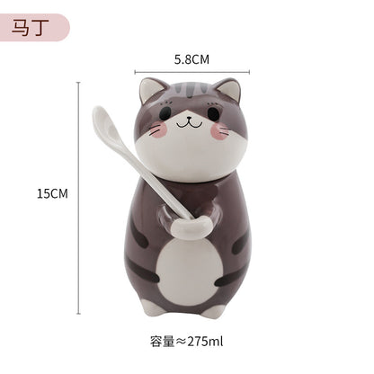 Couple mugs, Japanese cartoon cute cat water cups, ceramic cups for breakfast, milk, coffee, Instagram style, mugs with lids.
