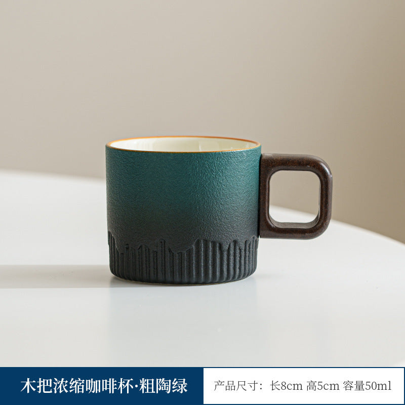 Wooden-handled coffee mug/tea tasting cup, gradient glaze exquisite ceramic small cup gift set wholesale.