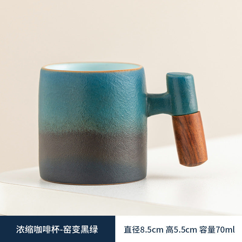 Wooden-handled coffee mug/tea tasting cup, gradient glaze exquisite ceramic small cup gift set wholesale.