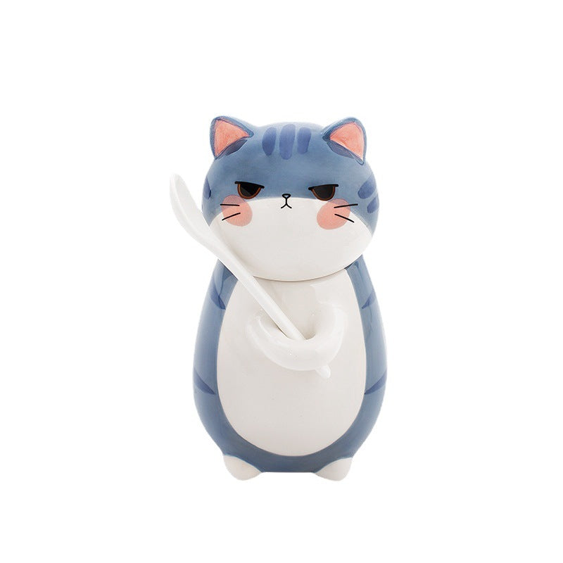 Couple mugs, Japanese cartoon cute cat water cups, ceramic cups for breakfast, milk, coffee, Instagram style, mugs with lids.