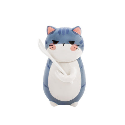 Couple mugs, Japanese cartoon cute cat water cups, ceramic cups for breakfast, milk, coffee, Instagram style, mugs with lids.