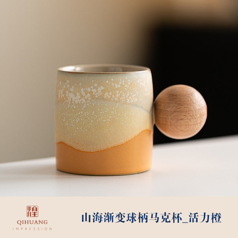 Wooden-handled coffee mug/tea tasting cup, gradient glaze exquisite ceramic small cup gift set wholesale.