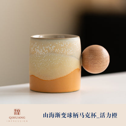 Wooden-handled coffee mug/tea tasting cup, gradient glaze exquisite ceramic small cup gift set wholesale.