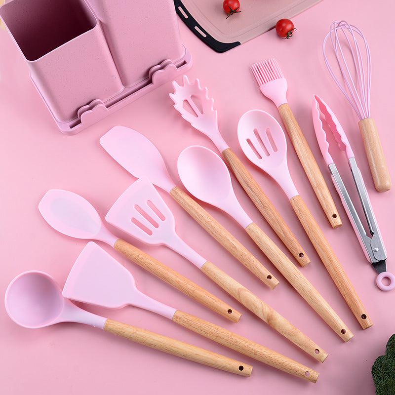 Wooden handle silicone kitchen utensils set 19-piece knife set combination storage bucket kitchen knife cooking tools non-stick