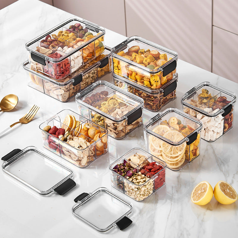 Square flower tea packaging box, 460ml, four-compartment plastic airtight container, food-grade storage box.