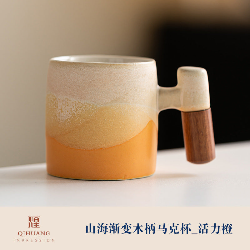 Wooden-handled coffee mug/tea tasting cup, gradient glaze exquisite ceramic small cup gift set wholesale.